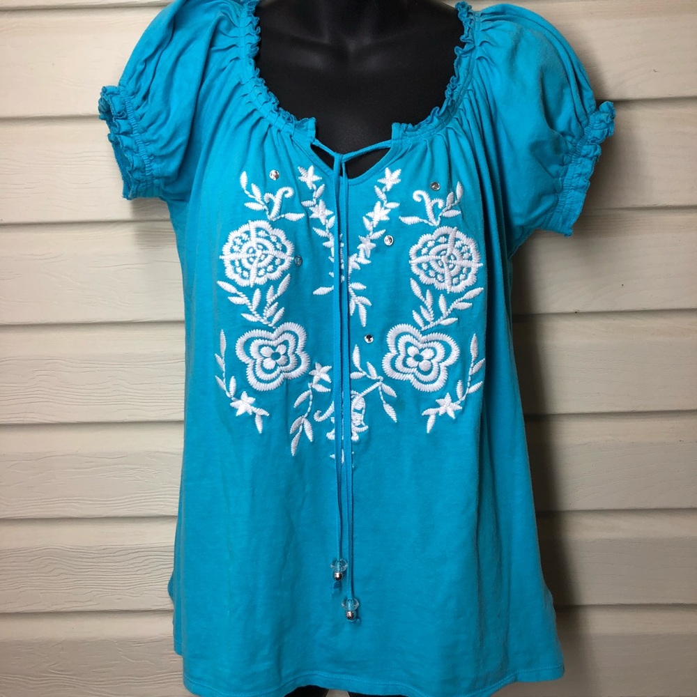 RXB Embroidered Peasant Top with Neck Ties